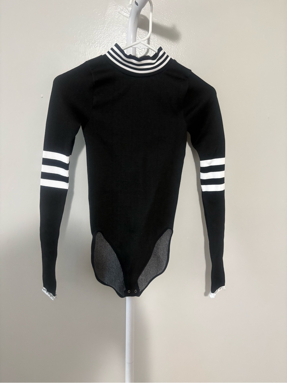 Free People Black Ribbed Mock Neck Bodysuit Sweater with White Stripe Accents